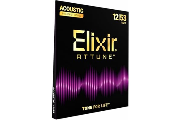 Elixir Strings, ATTUNE Acoustic Guitar Strings, Phosphor Bronze, Longest-Lasting Crisp and Clear Tone with Natural Feel, 6 String Set, Light 12-53
