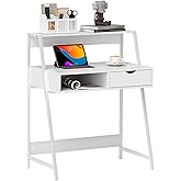 HOMCOM Home Office Desk, Computer Desk with A Frame for Small Spaces, Writing Table with Drawer and Storage Shelves, White