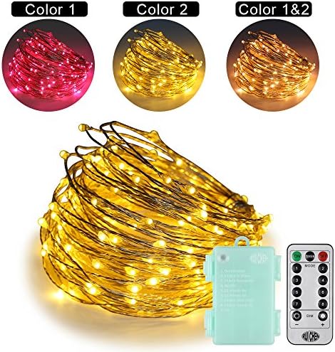 RUICHEN 66Ft 200 LED Fairy Lights Battery Powered, Dimmable Silver Wire Color Changing Christmas Twinkle String Lights with Remote Timer for Bedroom Patio Wedding Party (Warm White & Pink)