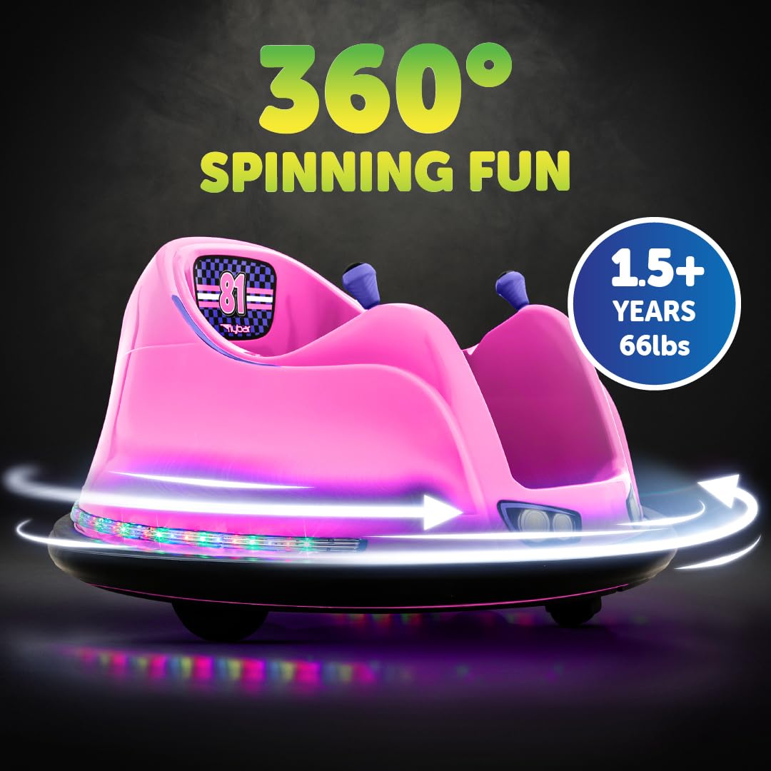 Flybar FunPark 6V Bumper Car for Toddlers, Electric Toddler Ride On Toys for Kids, Baby, Ages 1.5-4 Years, LED Lights, 360 Degree Spin, Supports up to 66 pounds (No Remote), Large, 6v Pink/Purple