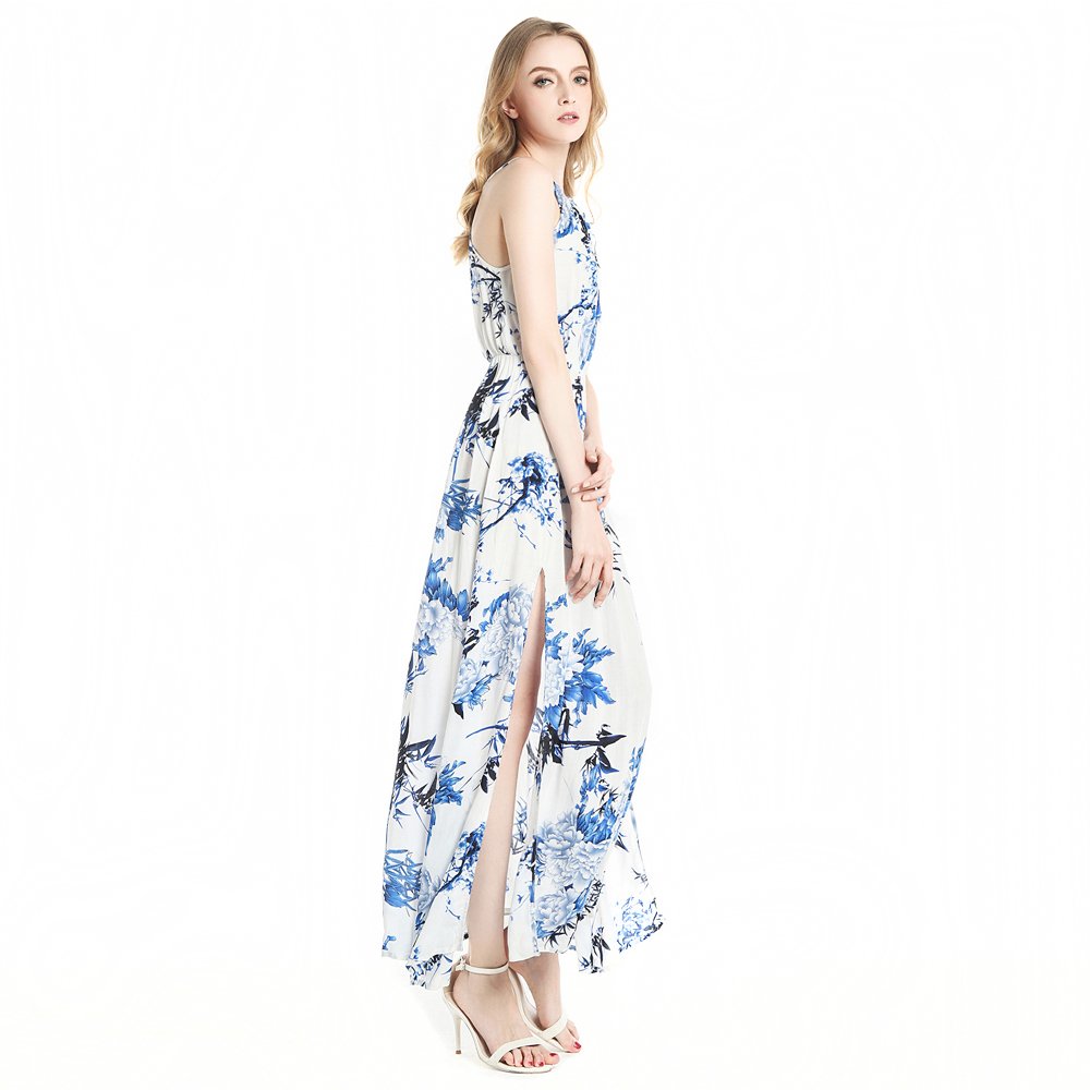 Zumine Women\'s Floral Print Halter Neck Split Summer Beach Maxi Dress (M, Blue)
