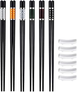 Queta Glasfaser-Essstäbchen, 6 Paar Spülmaschinenfest Essstäbchen Asiatisches Besteck 243mm mit 4 Keramik-Essstäbchen-Auflagen