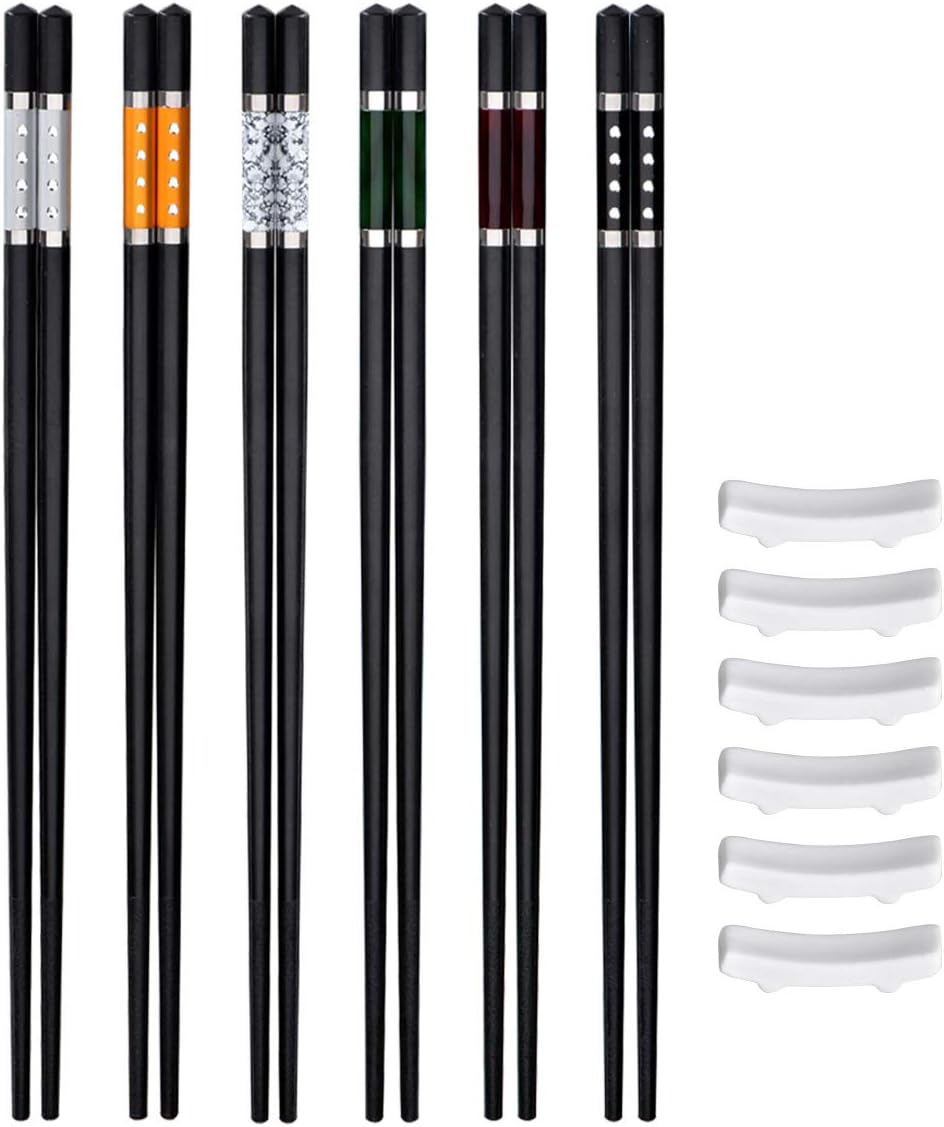 Queta Glasfaser-Essstäbchen, 6 Paar Spülmaschinenfest Essstäbchen Asiatisches Besteck 243mm mit 4 Keramik-Essstäbchen-Auflagen