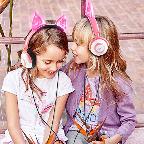 Esonstyle Kids headphones Over Ear with LED Glowing Cat Ears,Safe Wired Kids Headsets 85dB Volume Limited, Food Grade Silicone, 3.5mm Aux Jack, Cat-Inspired Purple Headphones for Girls (pink)