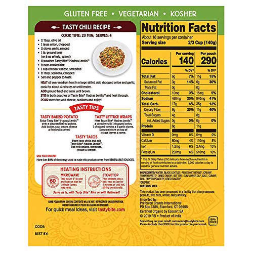 Tasty Bite Organic Madras Lentils: Vegetarian All-Natural Indian Dal with Lentils, Red Beans & Creamy Tomato Sauce - 8x 10oz Pouches