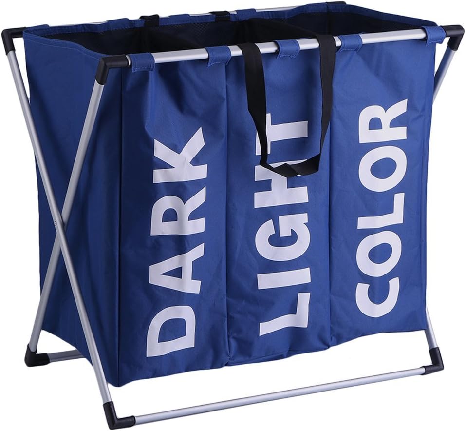 oHholly Laundry Basket Large 3 Section Laundry Washing Clothes Basket Hamper Sorter Folding dirty clothes basket-blue
