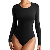 REORIA Womens Long Sleeve Bodysuits Fall Basic Round Neck Lightweight Double Lined Layering Slim Body Suit Tops
