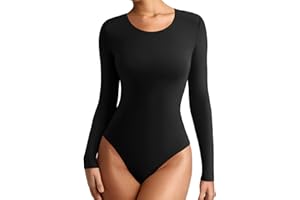 REORIA Womens Long Sleeve Bodysuits Fall Basic Round Neck Lightweight Double Lined Layering Slim Body Suit Tops