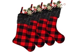 Senneny Christmas Stockings- 4 Pack 18" Red Black Buffalo Plaid Christmas Stockings with Plush Faux Fur Cuff, Classic Large Christmas Stockings Decorations for Family Christmas Holiday Party Decor