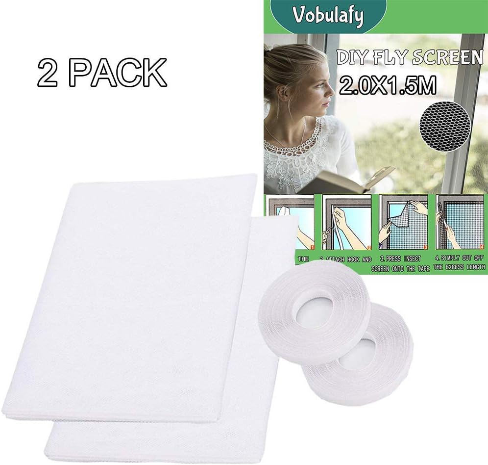 2 Pack Fly Screen Net for Window, Insect Screen Mesh Mosquito Protector Kit, 2.0m x 1.5m with 2 Rolls Self-Adhesive Tapes White 2.0 Pro