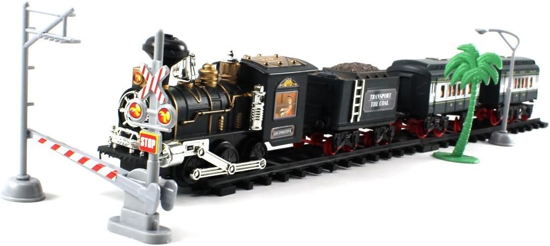 KCD City Urban Railroad 23 Piece Battery Operated Toy Train Set w/ 4 Train Cars, 8 Curved, 4 Straight Tracks