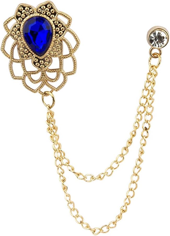 KnighthoodBrooch Lapel Pin for Men Blue Stone Gold Engraving Metal Stone Chain Lapel Pin Badge Coat Suit Wedding Gift Party Shirt Collar Accessories