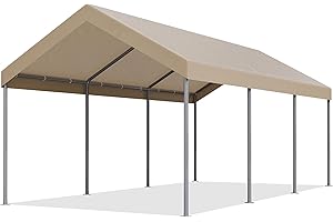 JAMFLY Carport 10 x 20 ft Heavy Duty Carport Car Canopy with Powder-Coated Steel Frame, Portable Garage for Car, Boat, Shelter Party Tent with 180g PE Tarp for Wedding Garden, Khaki