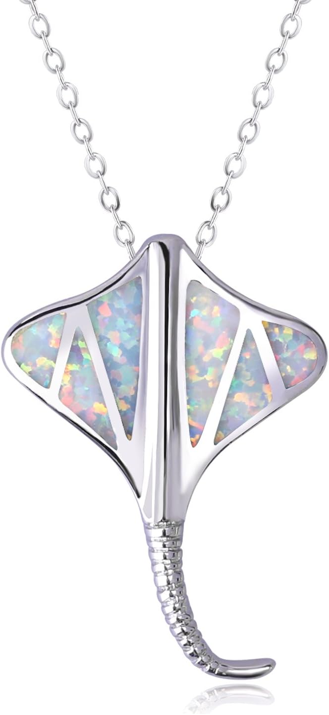 KELITCH White Manta Ray Fish Shape Sea Animal Pendant 925-Sterling-Silver Blue Created-Opal Necklace