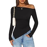 ZESICA Women's Off The Shoulder Tops 2026 Long Sleeve Y2K Asymmetrical Ruched Fitted Shirts Spring Trendy Going Out Top