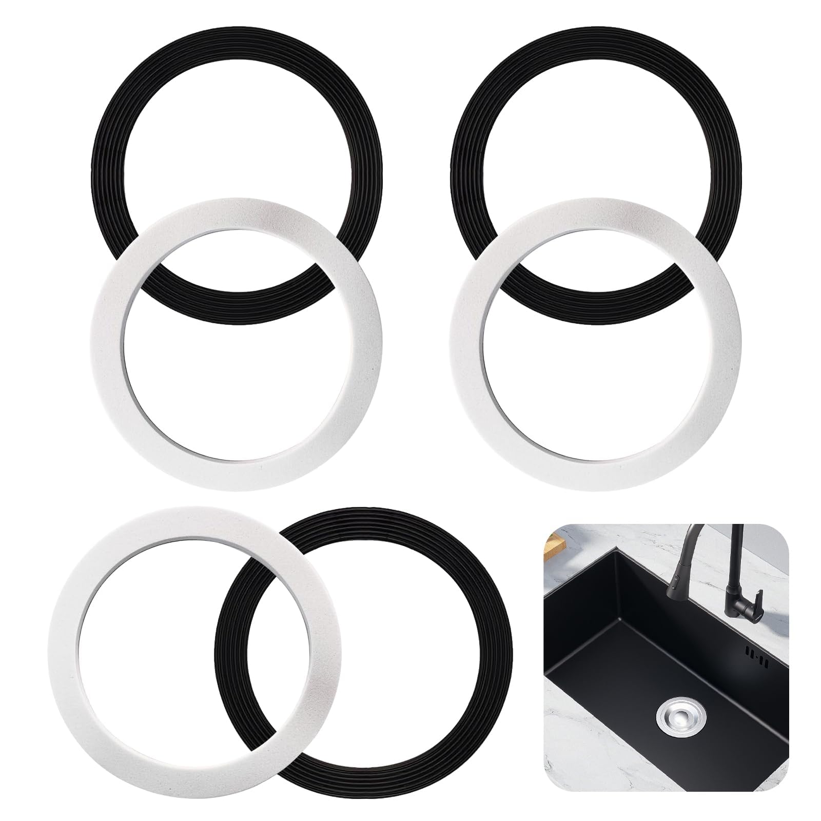 6Pcs Sink O Ring Seal Washer, 110 mm O-Rings Bath Plug Seal Gaskets Black Rubber and White Sponge Seal Strainer Replacement for Push-Type Pop up Sink Drain Plug Basin Plugs Washer