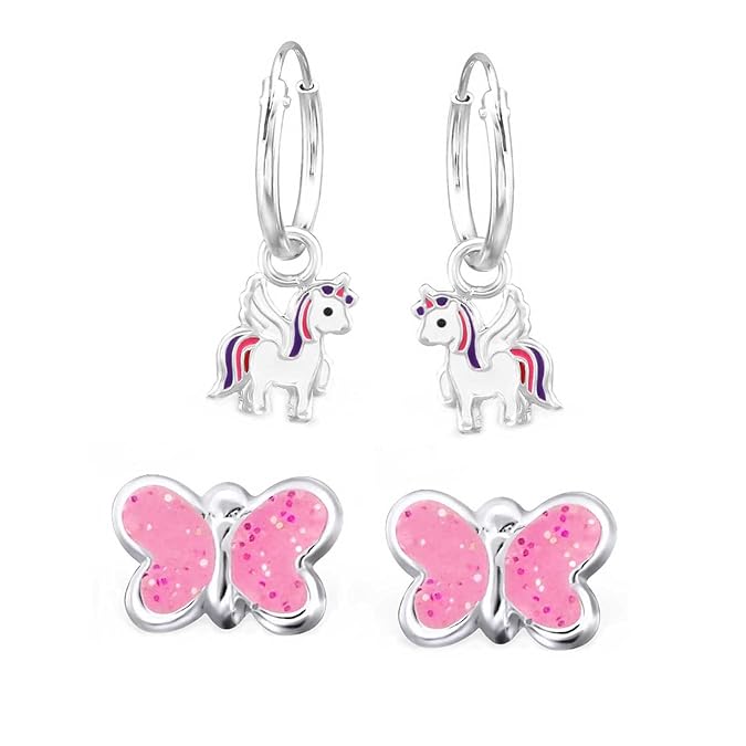 FIVE-D 2 Paar Kinder Ohrringe Creolen Einhorn und Glitzer Schmetterling aus 925 Sterling Silber im Schmucketui