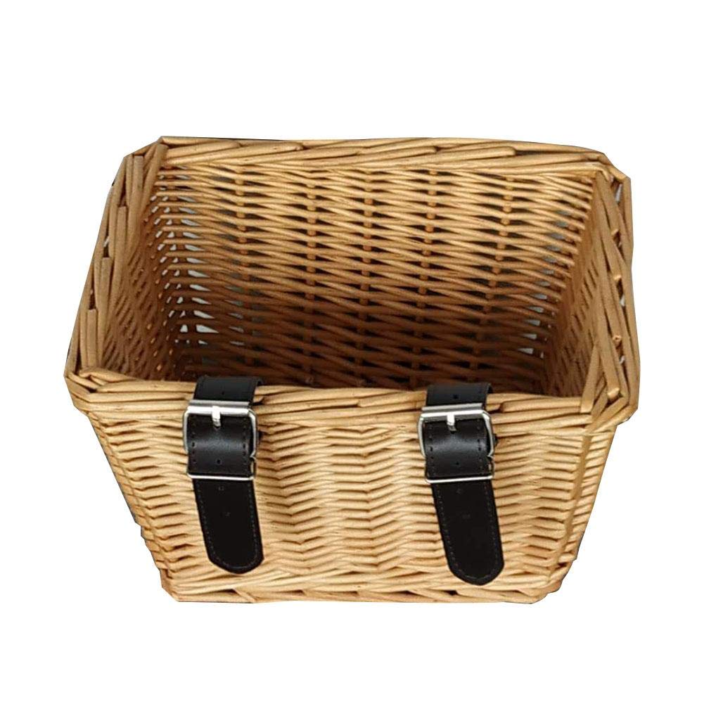 TARTIERY Retro Wicker Front Basket With Black Handlebar Straps, Outdoor Handmade Traditional Front Handlebar Basket Cargo Leather Straps Brass Buckles Women Gril