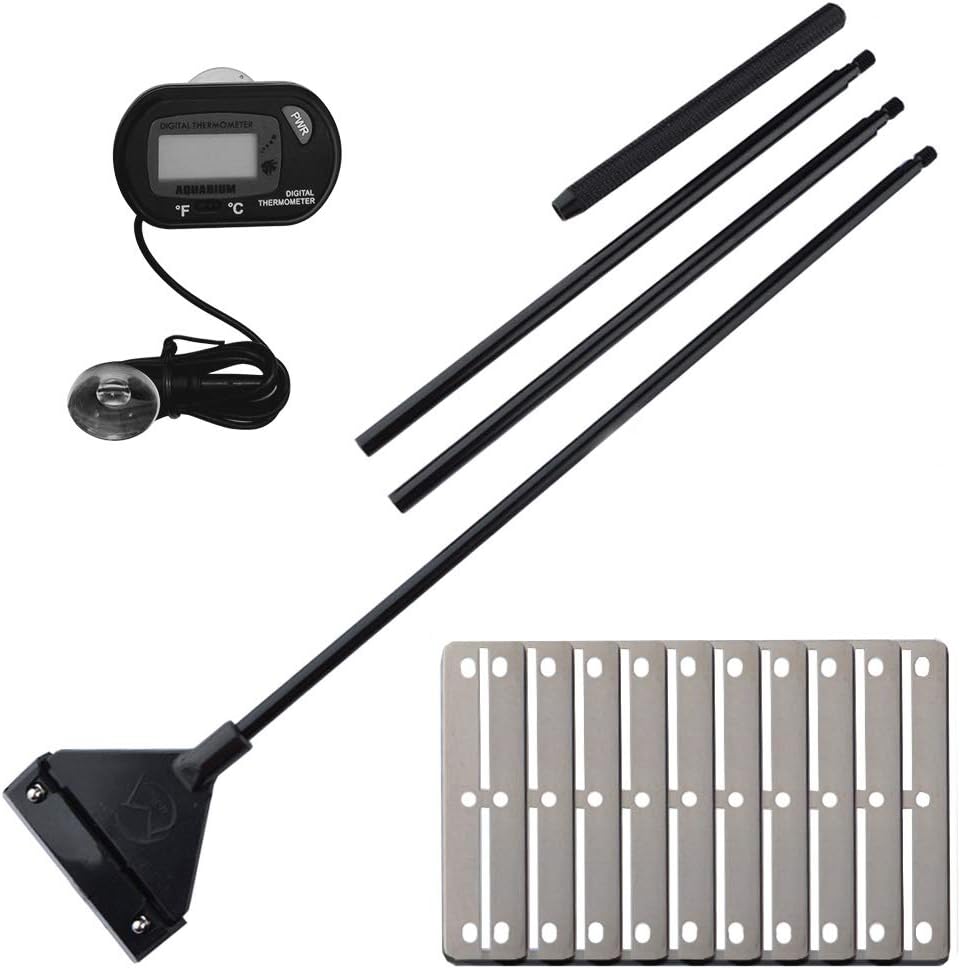 SITAKE Stainless Steel Aquarium Tools Kit 5 in 1 with 2 Thermometer and 1 Acrylic Tweezer Holder - Aquarium Tweezers Scissor Spatula Tools - Aquatic Plant Tweezers Scissors Spatula Cleaning Tool Set