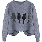WDIRARA Women's Cat Graphic Sweater Long Sleeve Crew Neck Knit Tops Casual Knitwear