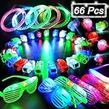 BUDI 66 Pack LED Glow Party Favors for Kids/Adults 50 Light Up Rings + 6 Jelly Bumpy Rings + 5 Flashing Shutter Shade Glasses + 5 Led Bracelets Glow in The Dark Party Favors Glow Party Supplies