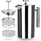 Secura French Press Coffee Maker, 304 Grade Stainless Steel Insulated Coffee Press with 2 Extra Screens, 34oz (1 Litre), Silv
