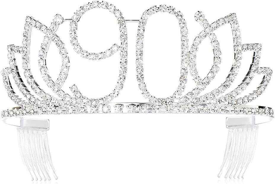 DcZeRong Queen 90 Birthday Tiara Women 90th Birthday Crown Silver Rhinestone Crystal Diamond Crown