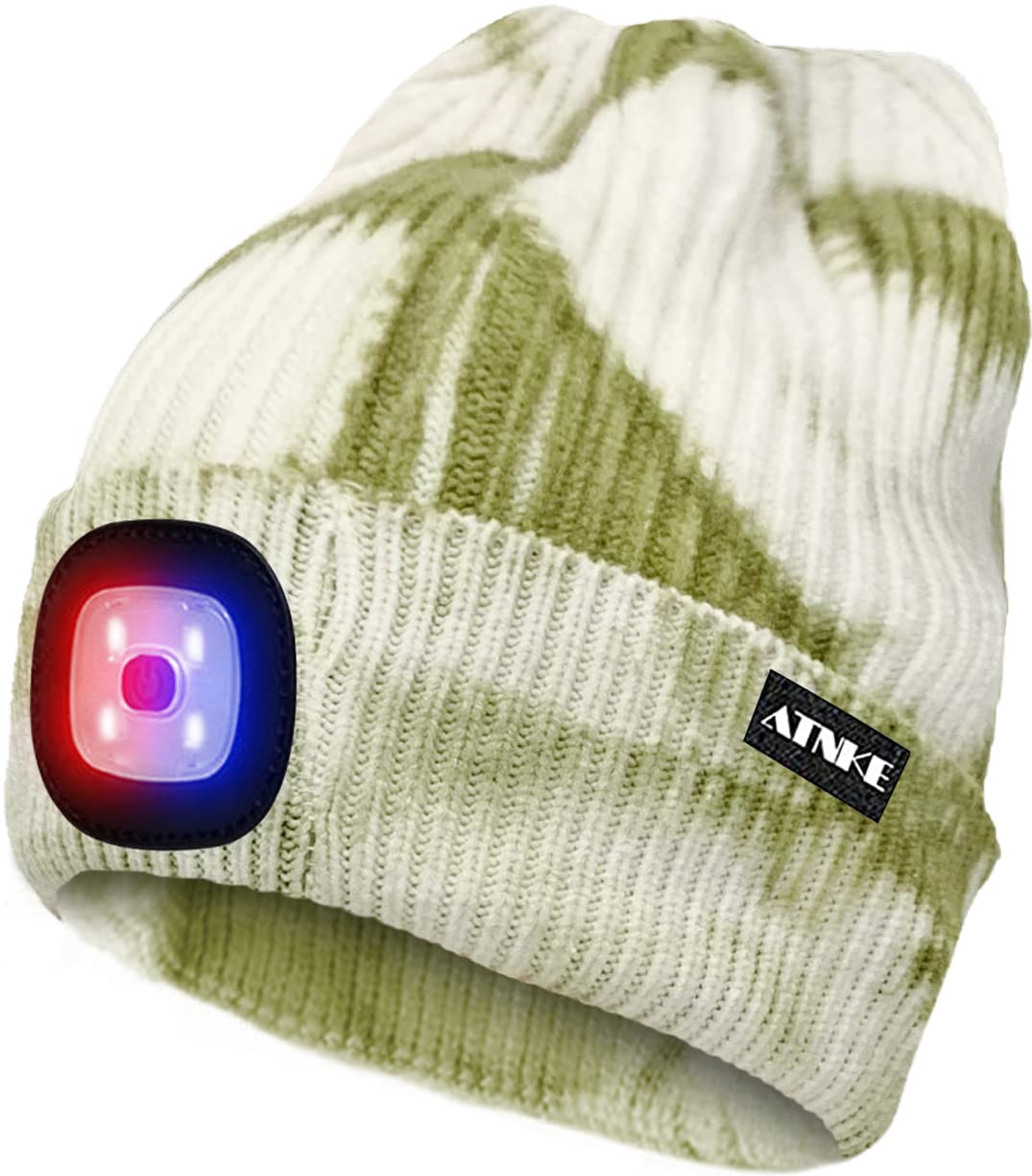 ATNKE LED Lighted Beanie Cap,USB Rechargeable 4 LED Red and Blue Glow Flashing Running Headlamp Hat Winter Warm Gifts for Men and Women/Tie Dye Green