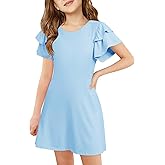 Haloumoning Girls Ruffle Sleeve Dresses Kids Summer Crewneck A Line Casual Dress 5-14 Years