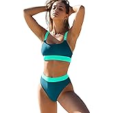 ZINPRETTY Women High Waisted Bikini Sets Color Block Swimsuits 2 Piece Bathing Suits Tummy Control Sporty Teens
