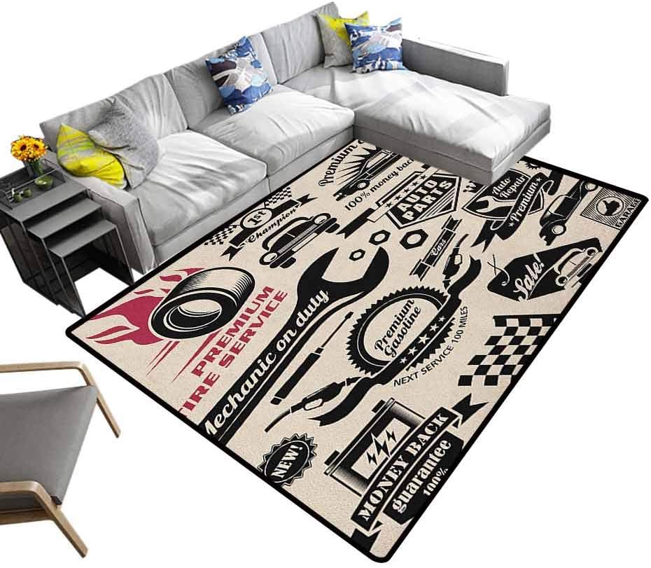 Retro Indoor Floor Mat Car Repair Shop Logos Monochrome Car Silhouettes Best Garage in Town Printing Rug Pads Beige Dark Coral Black (4'7"x6'6")