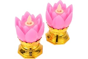 EXHUMKY 2pcs Pink Electronic LED Buddha Lotus Lamp with Swaying Candlelight, Lotus Shape Decorative Light