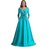 Homuguz Women's Satin Mother of The Bride Dresses with Sleeves Hand Made Floral Formal Evening Gown with Pockets HM020