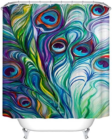 Custom Flawless peacock feathers Watercolor painting Shower Curtain, Shower Rings Included 100% WaterProof Polyester Fabric 66" x 72"