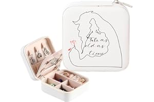 KEAST Small Portable Travel Jewelry Box Organizer Earrings Necklaces Ring Display Leather Jewellery Case Storage Girls Women Gift Beauty Beast (Tale as old as time)