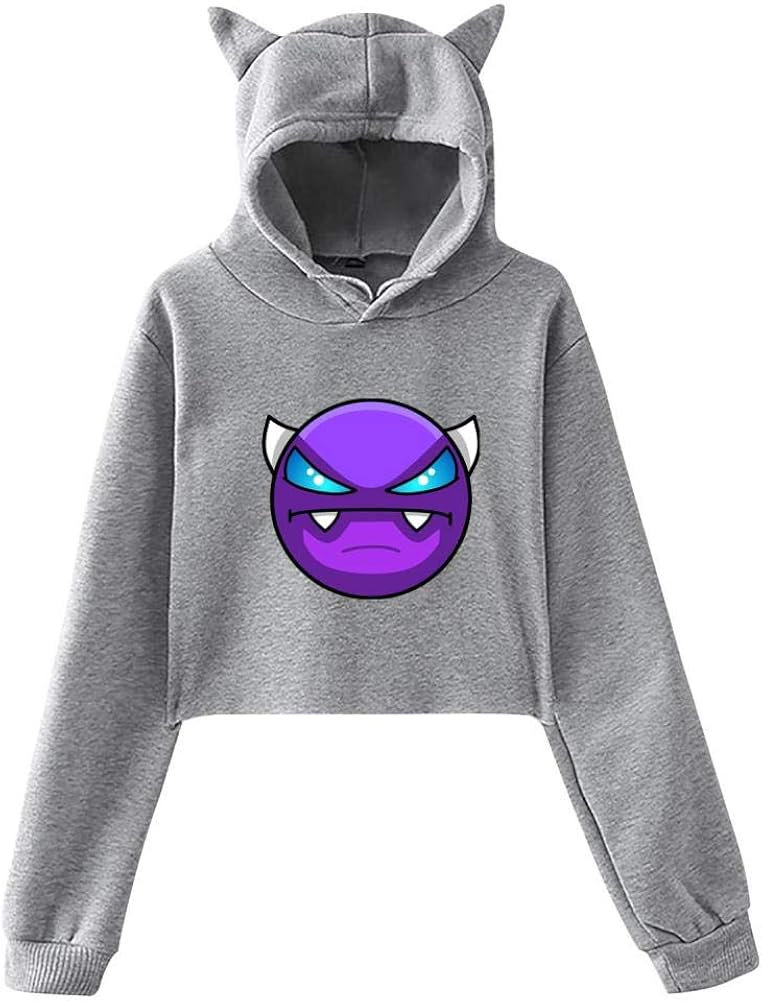 3D Print Womens Cute Cat Ear Crop Top Hoodie Geometry Face Demon Dash Crop Top Sweatshirt
