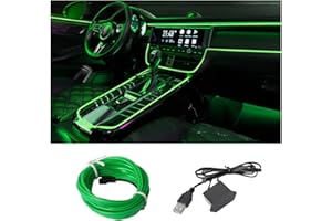 HIPOPY EL Wire LED Strip Lights, USB Auto Neon Light Strip with Sewing Edge, 16FT Electroluminescent Car Ambient Lighting Kit with Fuse Protection, Green