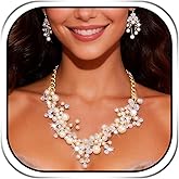 Sixexey Wedding Pearl Jewelry Sets Gold Pearl Necklace Earrings Bridal Rhinestone Prom Jewelry Accessories for Women