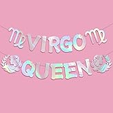 SKJIAYEE Virgo Queen Banner for August September Birthday Party Decorations, Glitter Iridescent Zodiac Virgo Birthday Banner for Horoscope, Astrology Bday Party Decor, Ideas, Jokes and Favors (Iridescent)