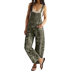 utcoco Overalls For Women Retro Floral Print Adjustable Strap Denim Bib Overalls Casual Baggy Barrel Jeans Jumpsuit