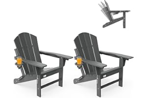 Mdeam Folding Adirondack Chair Set of 2, Adjustable Backrest, Fire Pit Chairs with Cup Holder, HDPE All Weather for Patio Lawn Deck Campfire Garden Outdoor, Grey