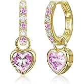 Heart Birthstone Dangle Drop Earrings for Women: 925 Sterling Silver Hypoallergenic Huggie Earrings with Dainty 5A CZ, Trendy Jewelry Valentine Anniversary Birthday Gifts for Her Wife Girlfriend Mom