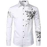 ZEROYAA Mens Hipster Printed Slim Fit Long Sleeve Button Up Party Dress Shirts