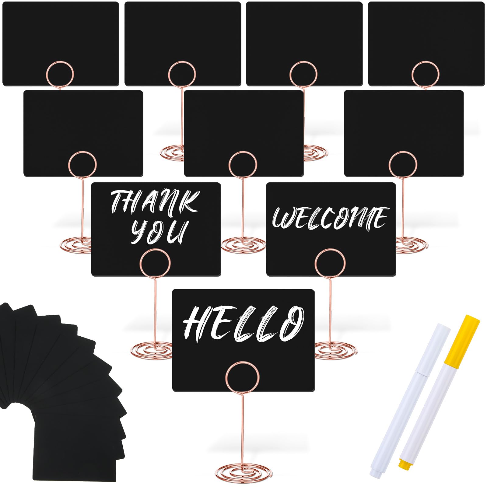 Photo 1 of TecUnite 12 Pcs Mini Chalkboard Signs, 4"x3" Small Chalkboard Label with Metal Stand 2 Water Based Chalk for Food Buffet Tabletop Blackboard Sign for Party Bakery(Rose Gold,8.7 x 2.8 in)