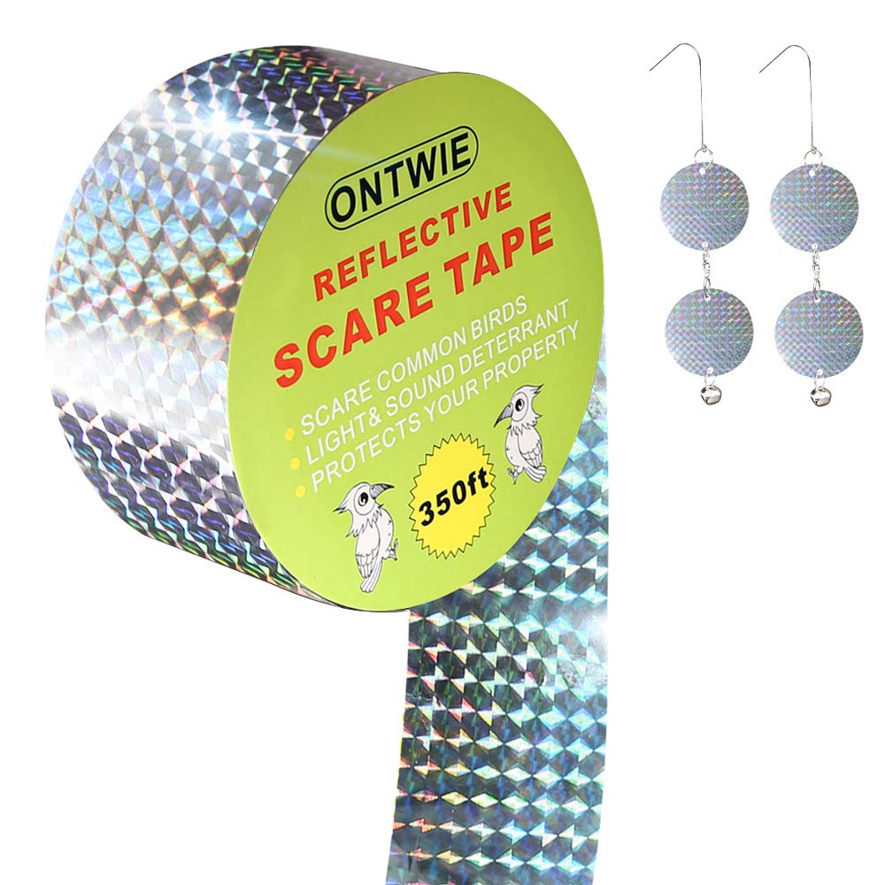 350Ft/106M Bird Repellent Scare Tape, Bird-proof Tape Deterrent Ribbon Stops Damage and Deters Pests, Bird Scare Sound and Reflective Tape Silver Diamond Pattern with Hanging Reflector Small Bell