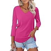 ORANDESIGNE Women's 3/4 Sleeves V Neck T Shirts Color Block Casual Summer Tops Fashion Loose Shirts Tees