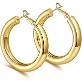 BMMYE 925 Sterling Silver Post Chunky Gold Hoop Earrings, 14K Gold Plated Earrings for Women Lightweight Hollow Tube 25mm-70mm