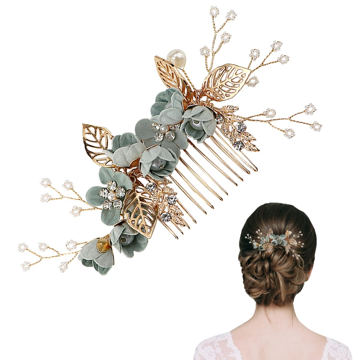 FERCAISH Wedding Hair Comb Flower, Crystal Bridal Hair Accessories, Pearl Leaf Headpiece for Wedding Bride Bridesmaid (Green)