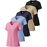 Real Essentials 5 Pack: Women's Short Sleeve Split Hem V-Neck T-Shirts, Athletic Tops, Gym, Workout, Yoga, Activewear (Plus)