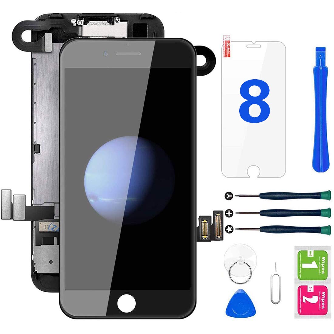 Hoonyer 8 Screen Black 4.7 Inch LCD Full Touch Screen on Chassis with Repair Tools Front Camera Proximity Sensor Speaker and Screen Protector Fully Assembled